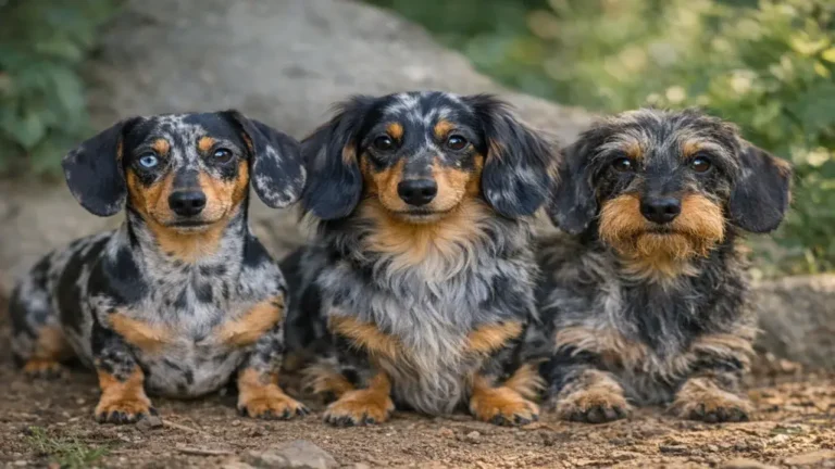teckels arlequin à poil ras, long et dur avec robe merle marbrée assis en extérieur sur fond naturel lumineux