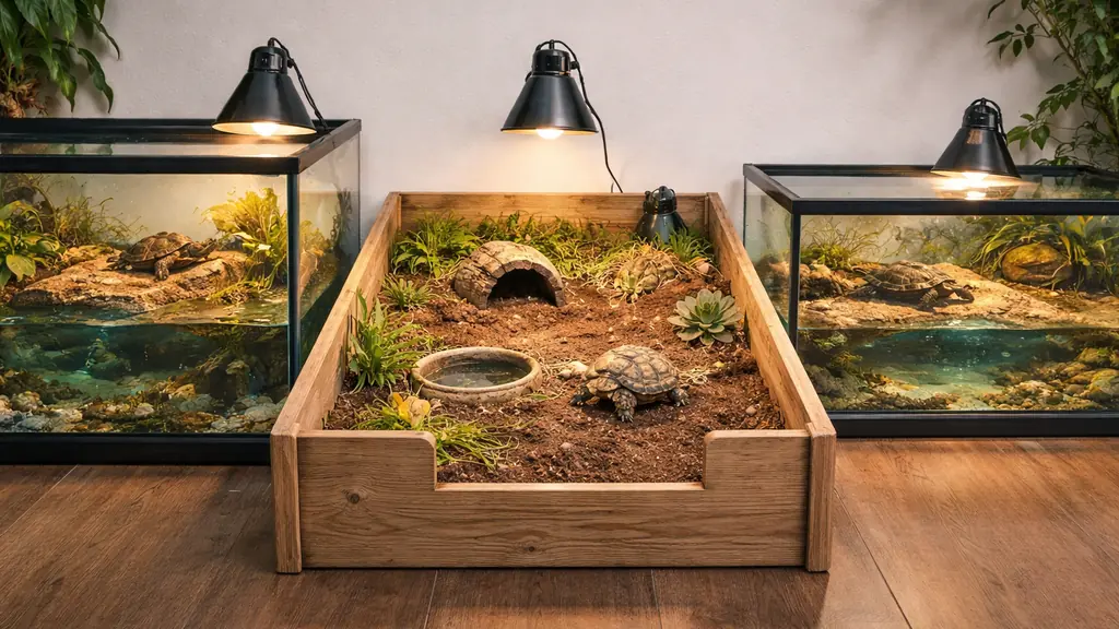 Trois habitats de tortues en intérieur : aquaterrarium avec plage, table de tortue terrestre et bac semi-aquatique sous lampes UVB et basking