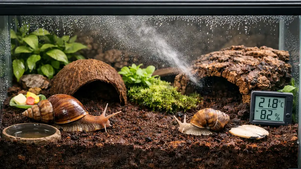 terrarium pour escargot en verre avec substrat humide profond, cachettes naturelles et escargots terrestres dans un habitat bien aménagé
