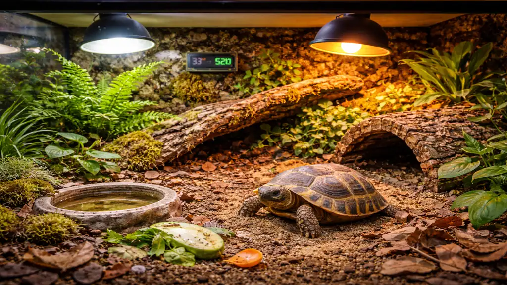 Tortue de Horsfield en terrarium aménagé avec substrat sec, cachettes naturelles et lampes UVB pour gradient thermique