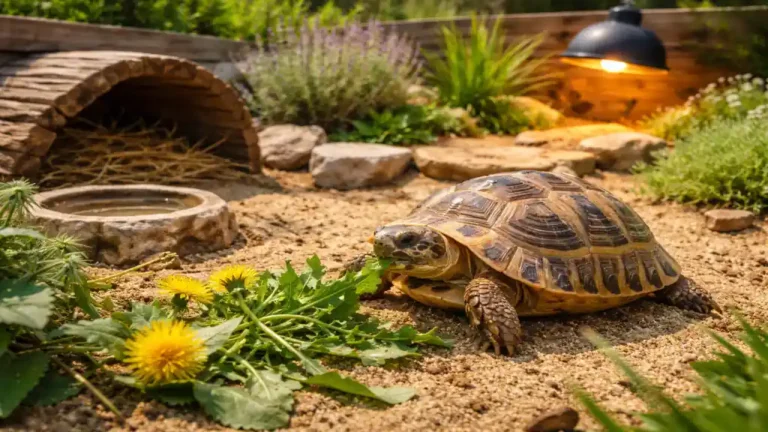Tortue des steppes (Testudo horsfieldii) en enclos extérieur sec et ensoleillé, mangeant des pissenlits sur substrat sableux