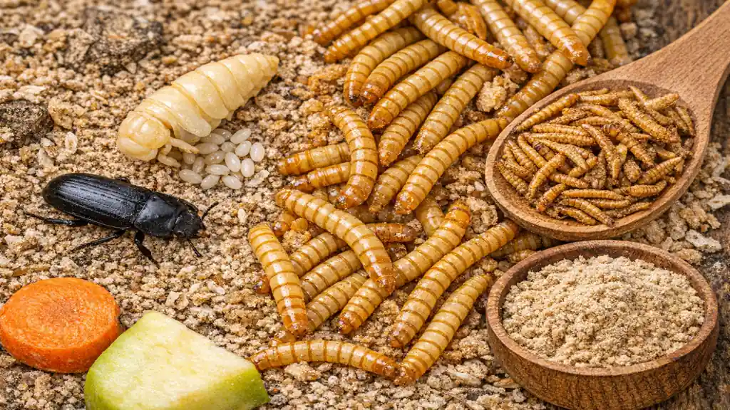 vers de farine vivants et séchés avec coléoptère tenebrio molitor et substrat de céréales en élevage domestique