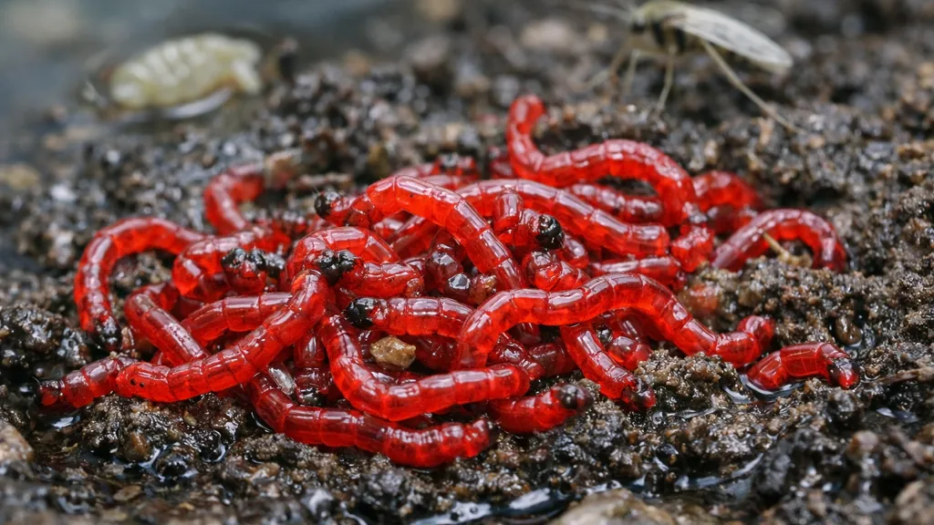 vers de vase rouges larves de chironomes dans la vase milieu aquatique nourriture poissons aquarium