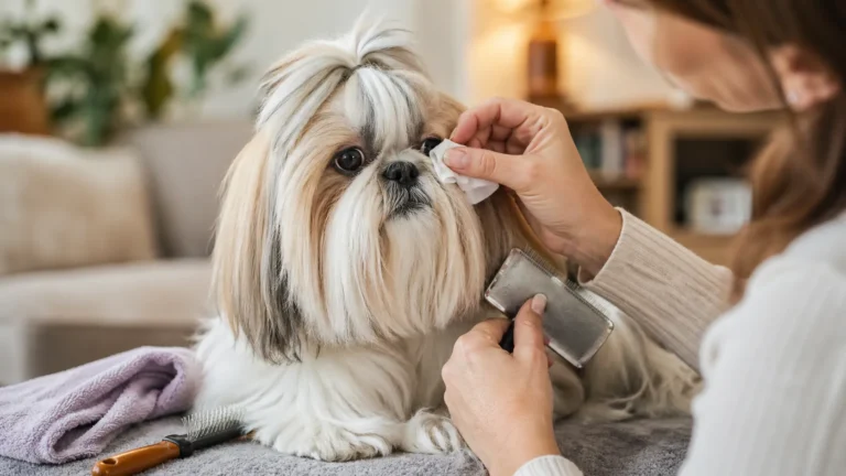 Shih Tzu au pelage long recevant un soin des yeux et un brossage à la maison, illustrant l’entretien quotidien exigeant de cette race.