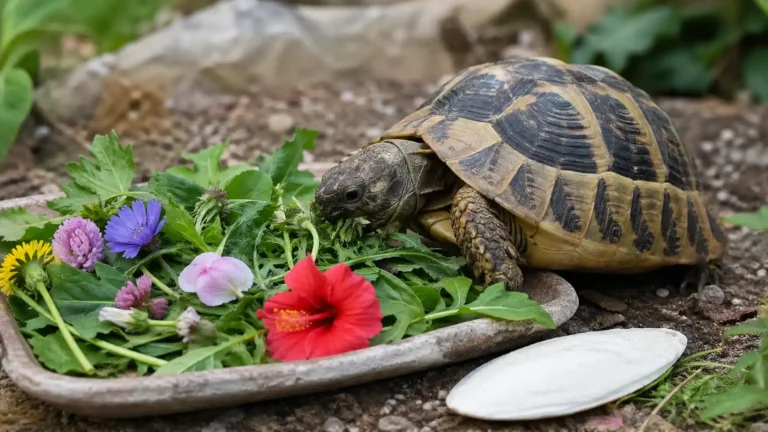 Tortue d’Hermann mangeant des plantes sauvages et des fleurs dans un enclos de jardin avec un os de seiche pour l’apport en calcium.