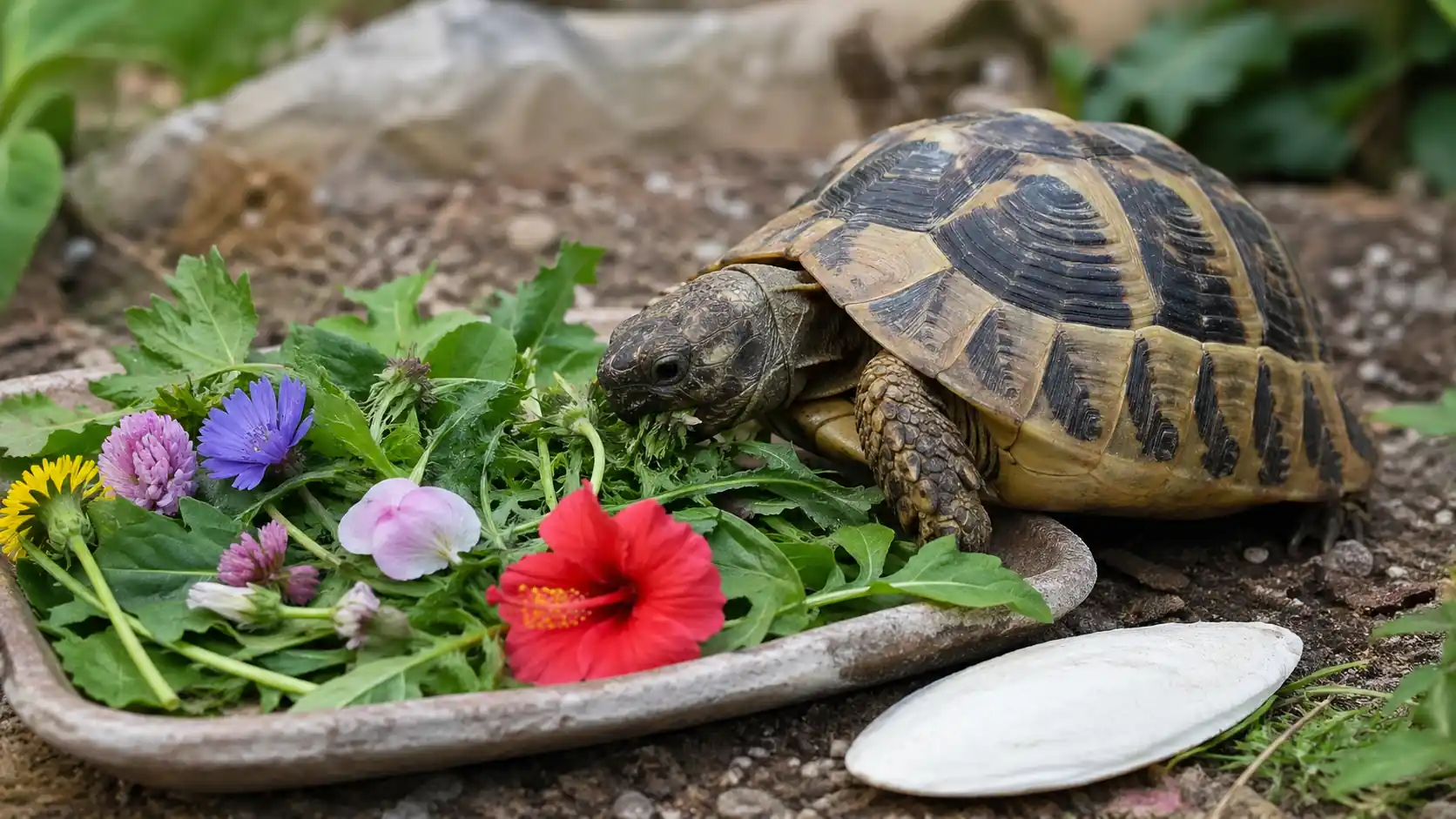 Tortue d’Hermann mangeant des plantes sauvages et des fleurs dans un enclos de jardin avec un os de seiche pour l’apport en calcium.
