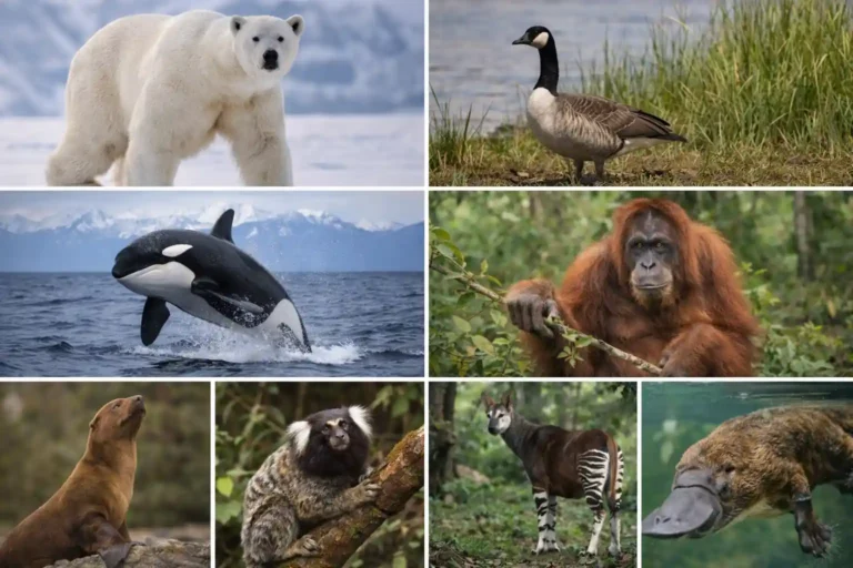 animal en O avec plusieurs espèces réalistes comme ours, orque, orang-outan, okapi et ornithorynque dans leurs habitats naturels