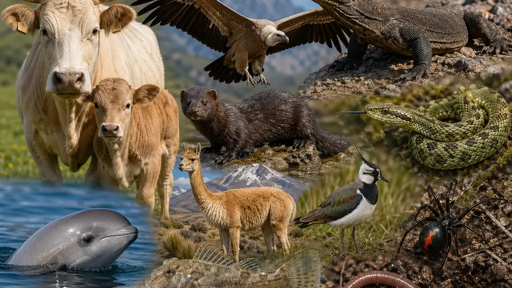 animaux commençant par V illustration réaliste avec vache vautour varan vipère et vaquita dans différents habitats naturels
