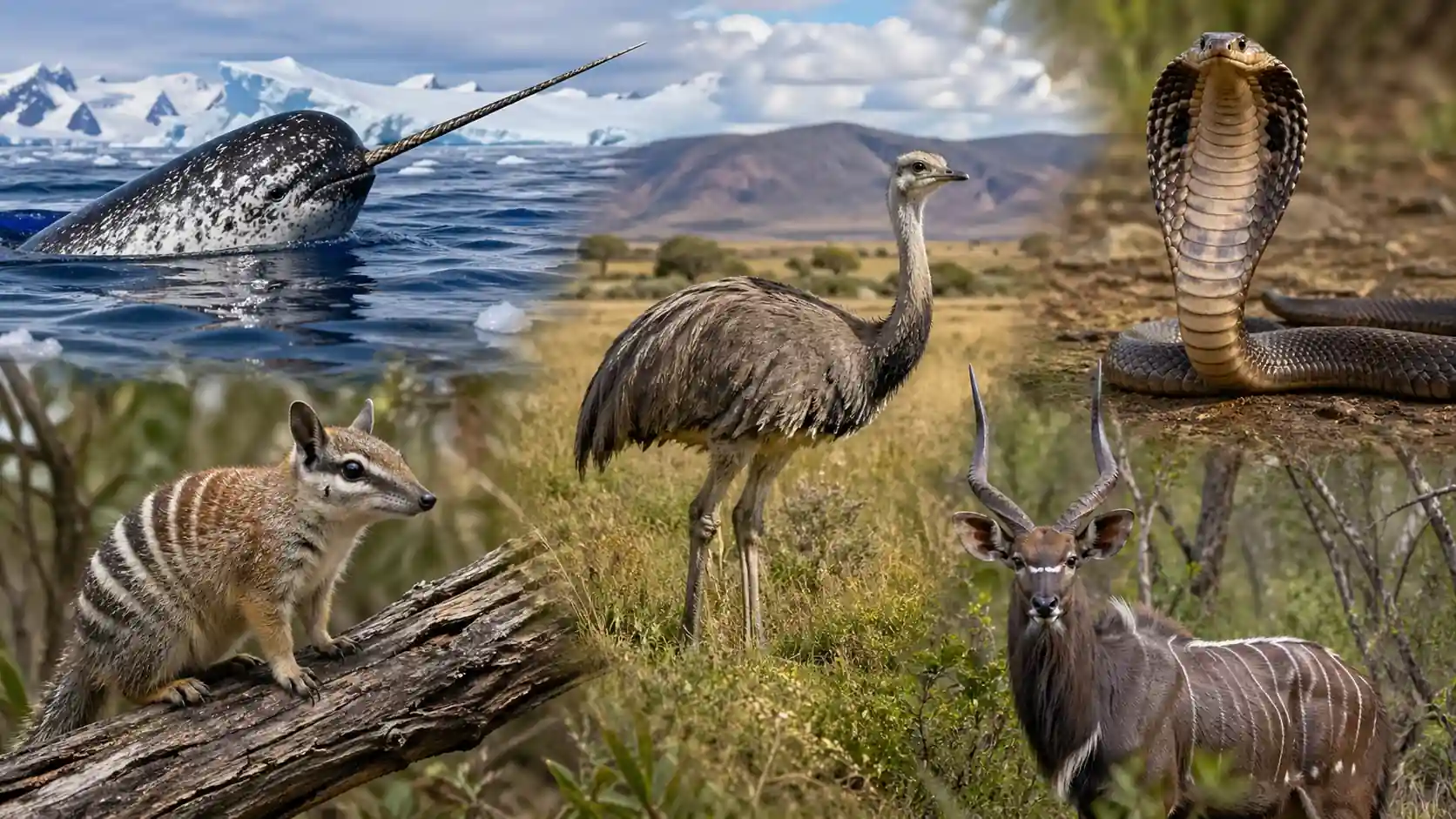 Montage réaliste d’animaux commençant par la lettre N avec narval, nandou, naja, numbat et nyala dans leurs habitats naturels.