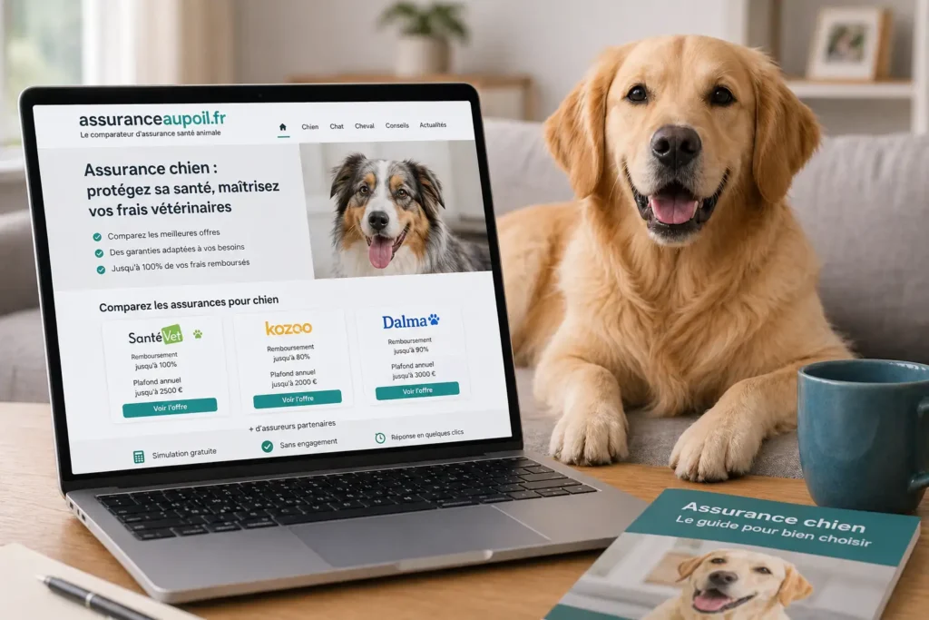 Chien installé près d’un ordinateur affichant un comparateur d’assurance santé animale, illustrant la recherche d’une assurance chien en ligne.