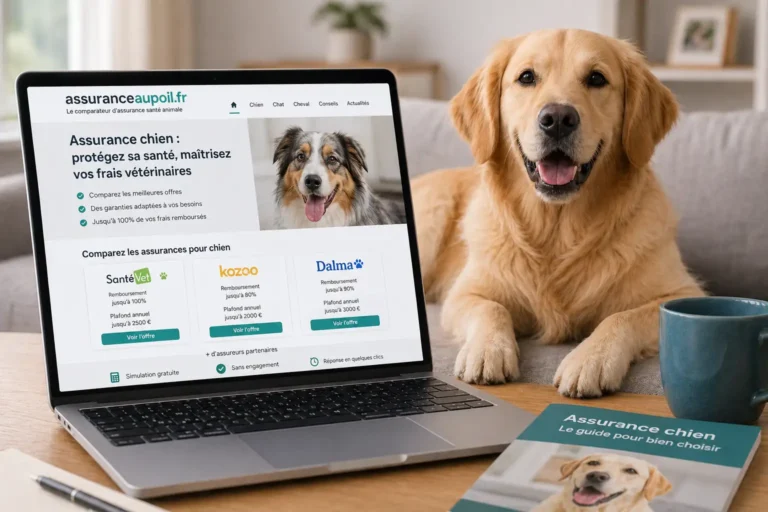 Chien installé près d’un ordinateur affichant un comparateur d’assurance santé animale, illustrant la recherche d’une assurance chien en ligne.