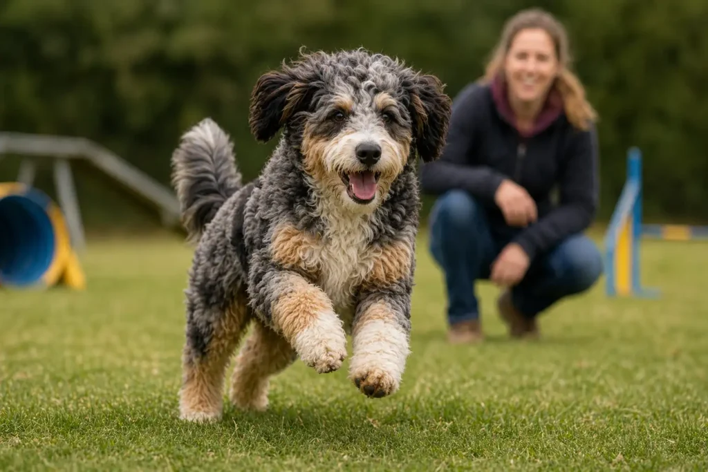 Aussiedoodle au pelage bouclé courant dans un parcours d’agility avec sa maîtresse en arrière-plan, illustrant un chien intelligent et très actif.