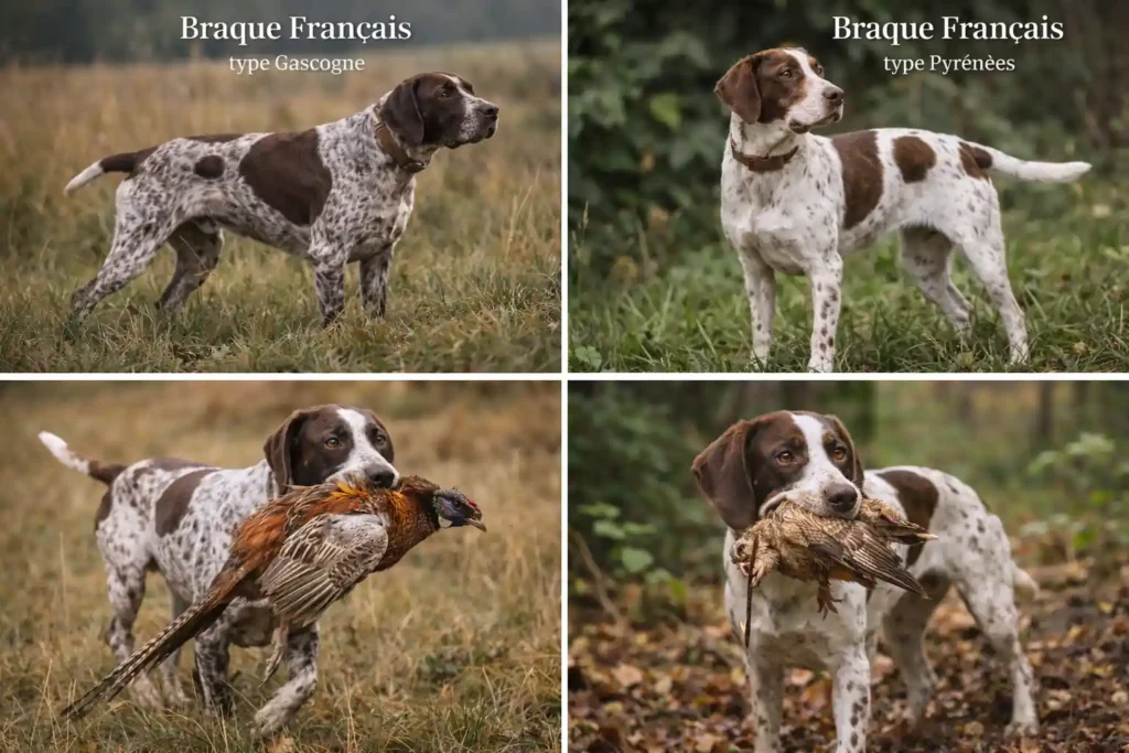 braque français réaliste en extérieur, chien d’arrêt français type Gascogne et type Pyrénées dans un environnement naturel de chasse