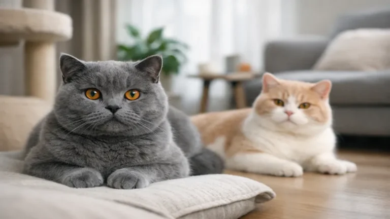 Chat British Shorthair gris et crème au pelage dense dans un appartement lumineux illustrant un chat calme et adapté à la vie en intérieur