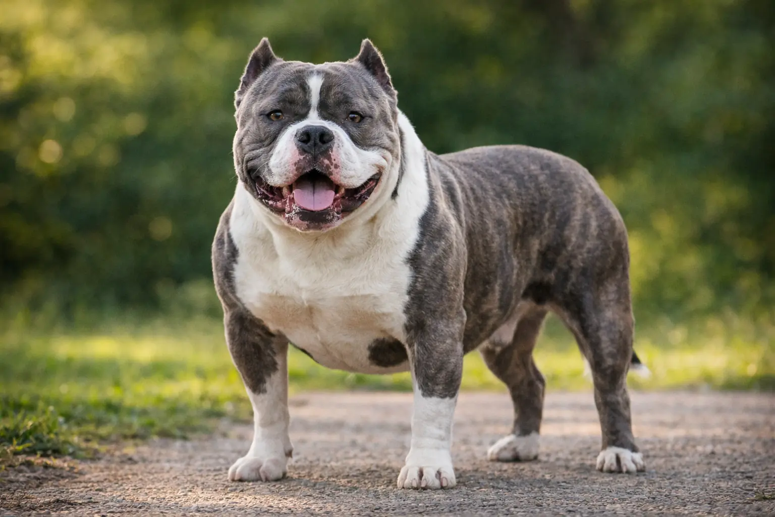 American Bully adulte debout en extérieur avec corps musclé, poitrine large et robe gris bringé et blanche