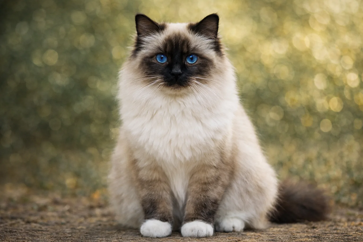 Sacré de Birmanie au pelage colourpoint et aux yeux bleus intenses, assis face à l’objectif dans un décor lumineux et naturel