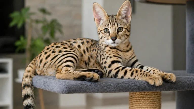 chat Savannah tacheté allongé sur un arbre à chat dans un intérieur moderne