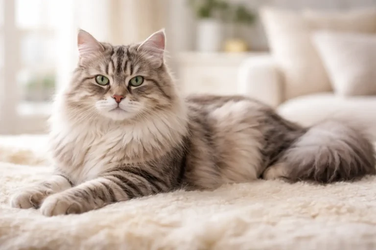 Chat sibérien adulte au pelage long et dense allongé dans un intérieur lumineux avec regard face caméra