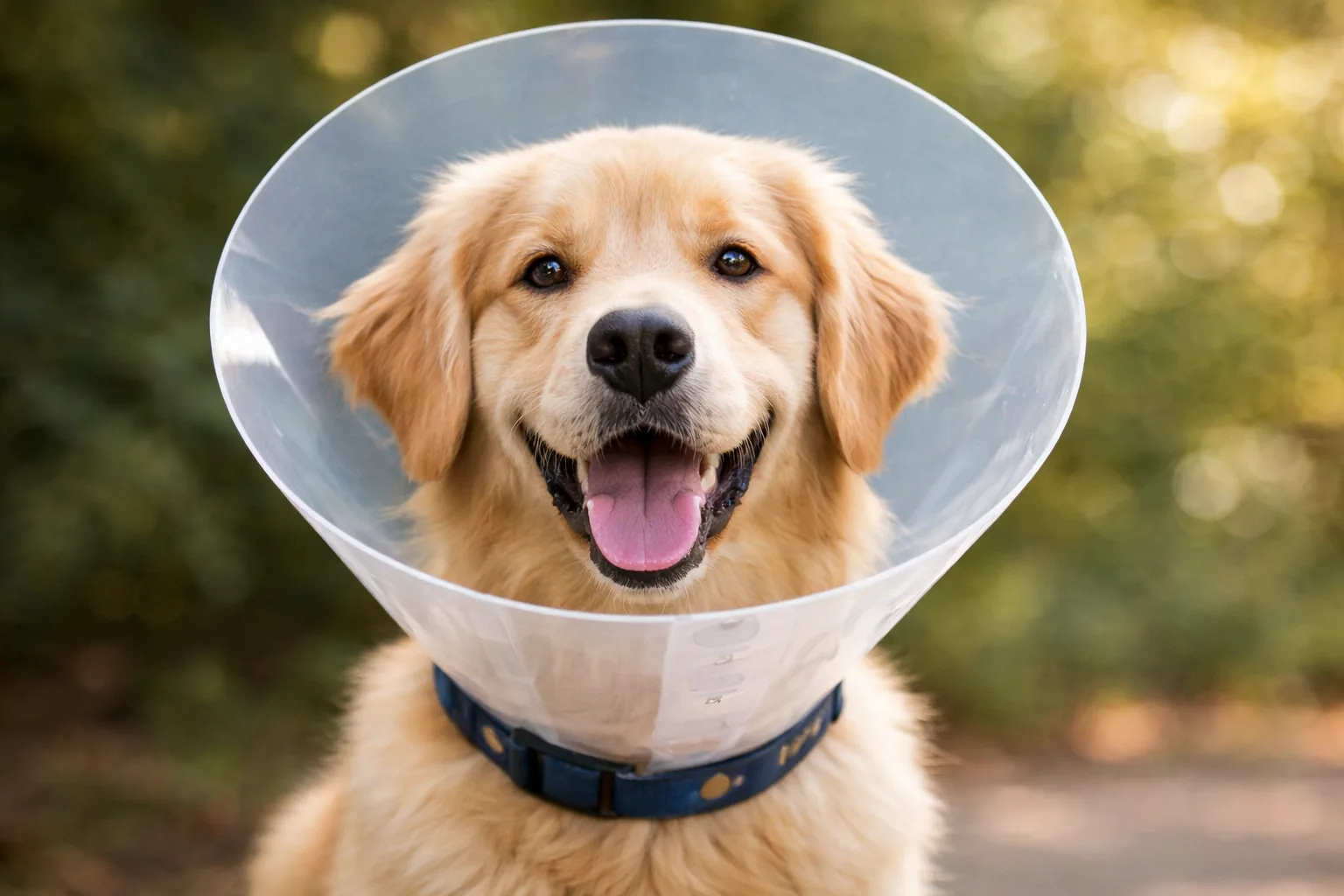 Chien portant une collerette vétérinaire après opération, regardant face à l’objectif dans un environnement extérieur lumineux