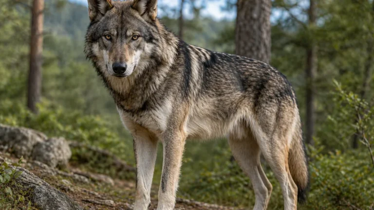 chien loup américain réaliste debout en forêt avec apparence sauvage et regard intense