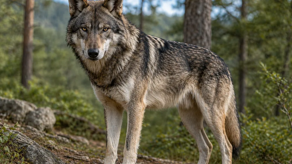 chien loup américain réaliste debout en forêt avec apparence sauvage et regard intense