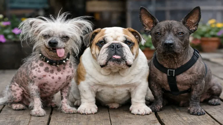 Trois chiens atypiques dont un chien chinois à crête, un bouledogue anglais et un xoloitzcuintli illustrant les races de chiens considérées comme moches mais attachantes