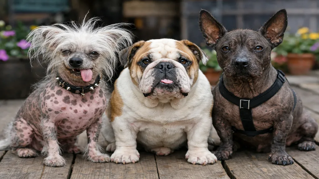 Trois chiens atypiques dont un chien chinois à crête, un bouledogue anglais et un xoloitzcuintli illustrant les races de chiens considérées comme moches mais attachantes