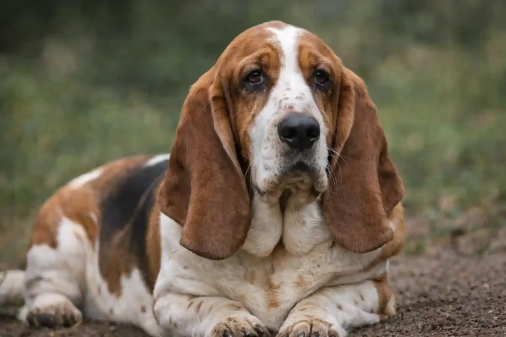 chien de Télé Z réaliste de race Basset Hound allongé en extérieur, longues oreilles tombantes et regard mélancolique