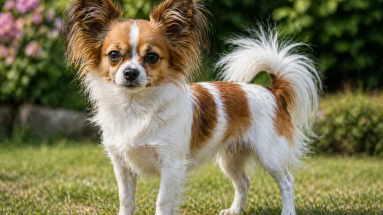 chien chihuahua papillon croisé chion debout dans un jardin avec grandes oreilles et pelage blanc et marron