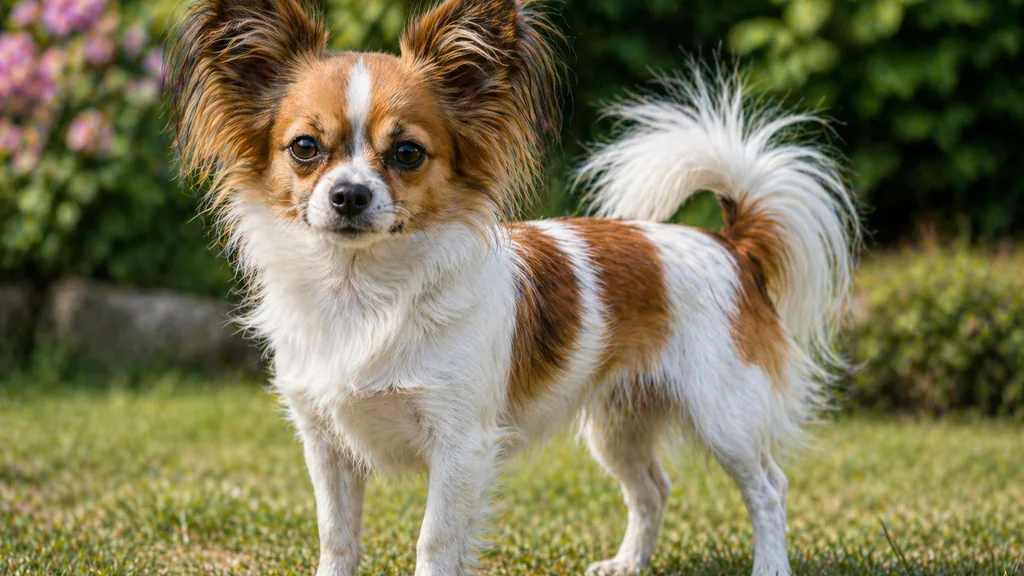 chien chihuahua papillon croisé chion debout dans un jardin avec grandes oreilles et pelage blanc et marron