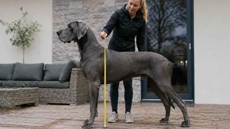 dogue allemand adulte mesuré au garrot sur une terrasse pour illustrer sa grande taille