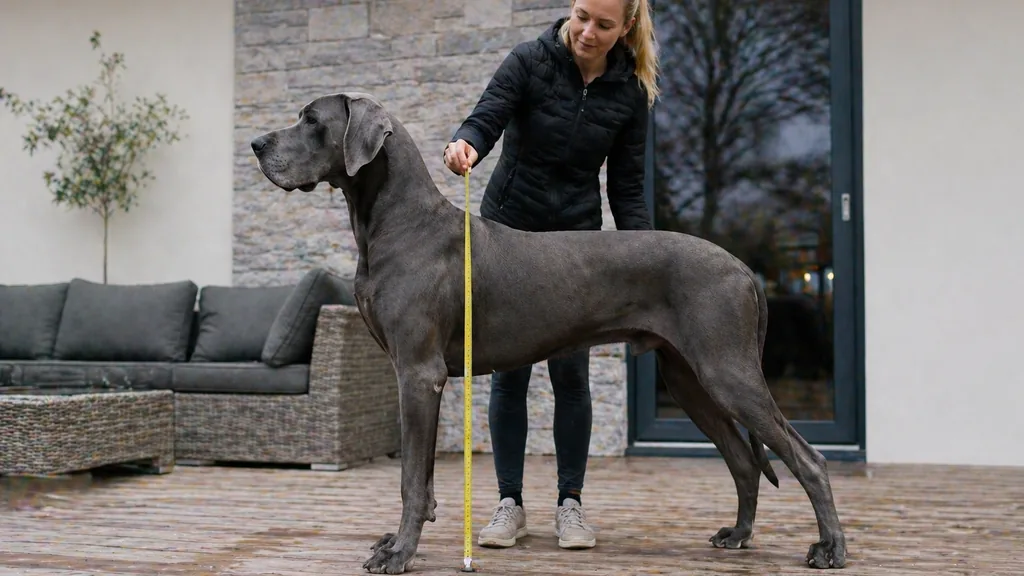 dogue allemand adulte mesuré au garrot sur une terrasse pour illustrer sa grande taille