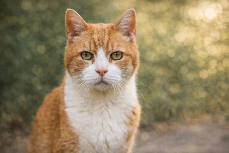 Chat âgé au pelage roux et blanc regardant l’objectif, image réaliste illustrant la longévité et l’espérance de vie du chat