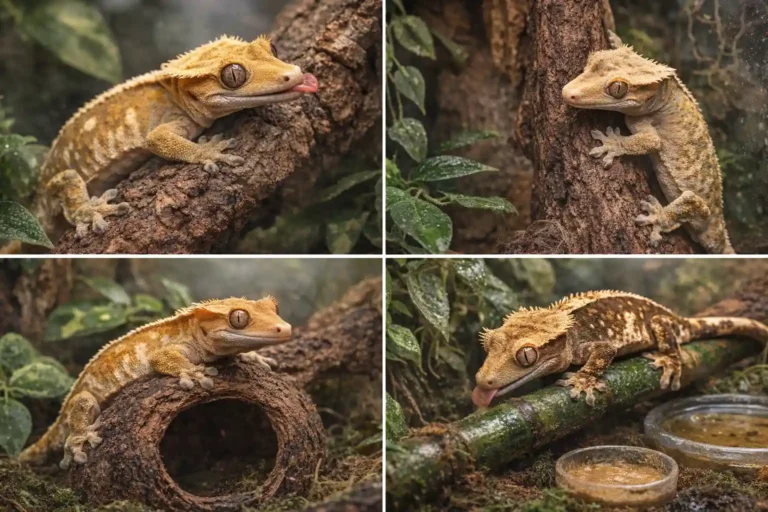 gecko à crête réaliste dans un terrarium tropical vertical avec branches, feuillage et décor naturel