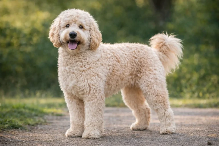 Goldendoodle adulte debout en extérieur avec pelage bouclé crème, oreilles tombantes et allure de chien de famille