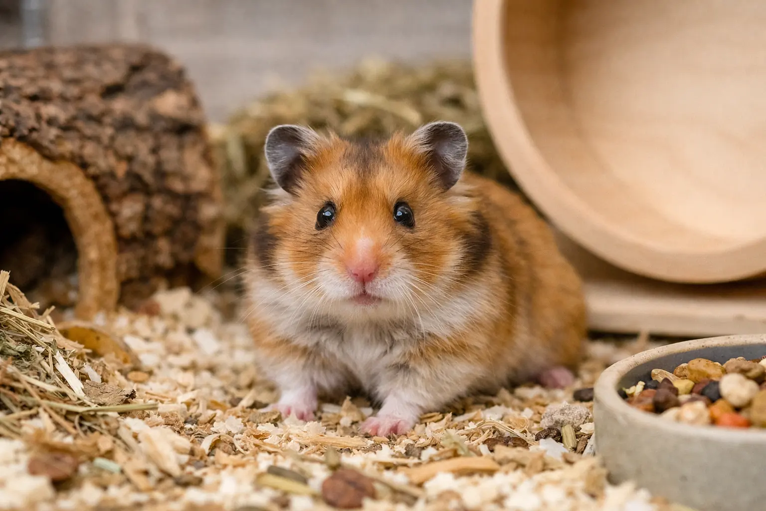Hamster doré assis dans une cage aménagée avec litière épaisse, roue en bois, cachette et gamelle de graines