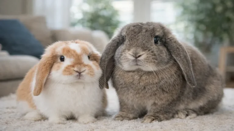 Lapin bélier nain et lapin bélier français aux oreilles tombantes dans un intérieur lumineux illustrant un lapin domestique calme et sociable