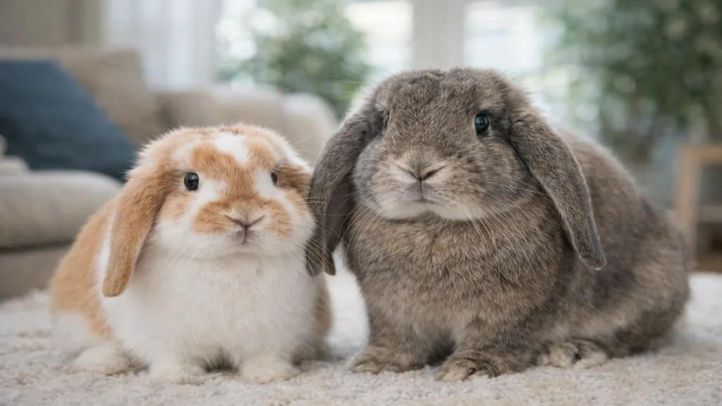 Lapin bélier nain et lapin bélier français aux oreilles tombantes dans un intérieur lumineux illustrant un lapin domestique calme et sociable