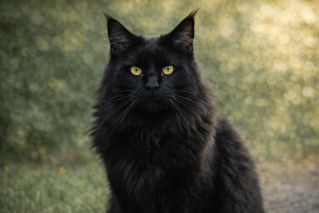Maine Coon noir au pelage long et dense avec regard intense, photographié en extérieur avec arrière-plan flou naturel