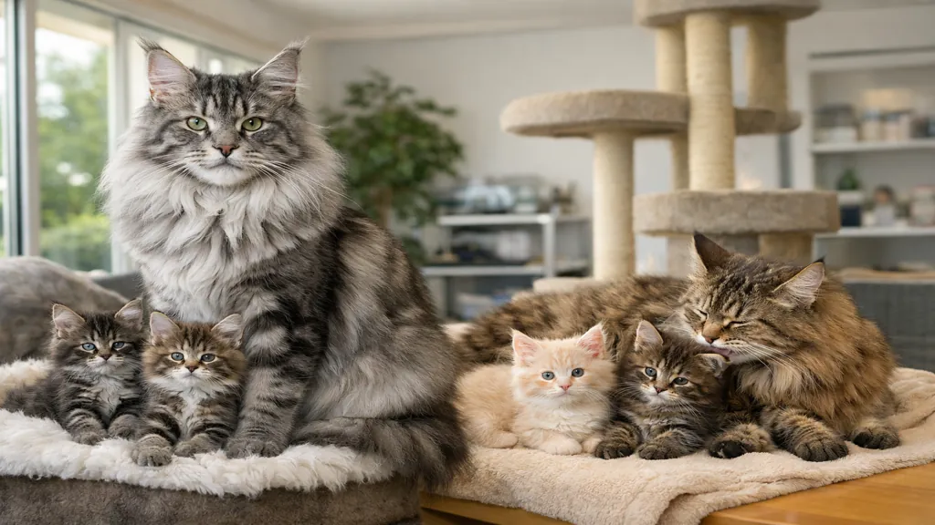 Maine Coon avec chatons dans un élevage sérieux lumineux illustrant le prix et la qualité d’un chaton LOOF en France