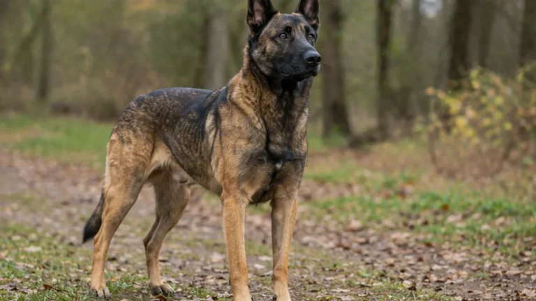 malinois croisé berger allemand debout sur un chemin en forêt avec posture attentive et regard alerte