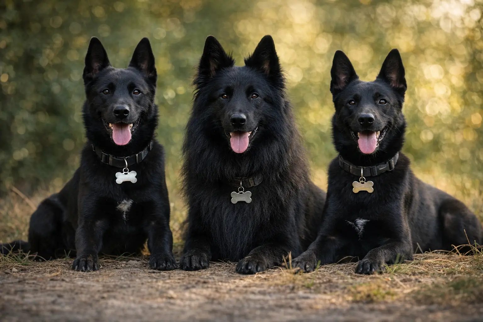 Trois bergers belges noirs dont un groenendael au centre, illustrant la différence entre malinois noir et variétés officielles du berger belge