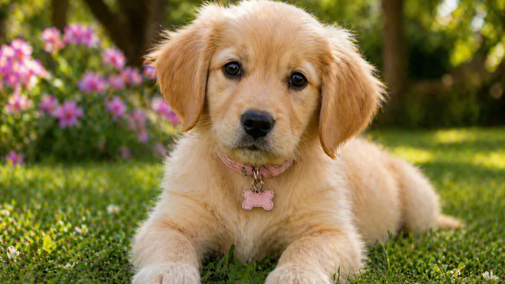 chiot femelle golden retriever avec collier rose couché dans un jardin ensoleillé