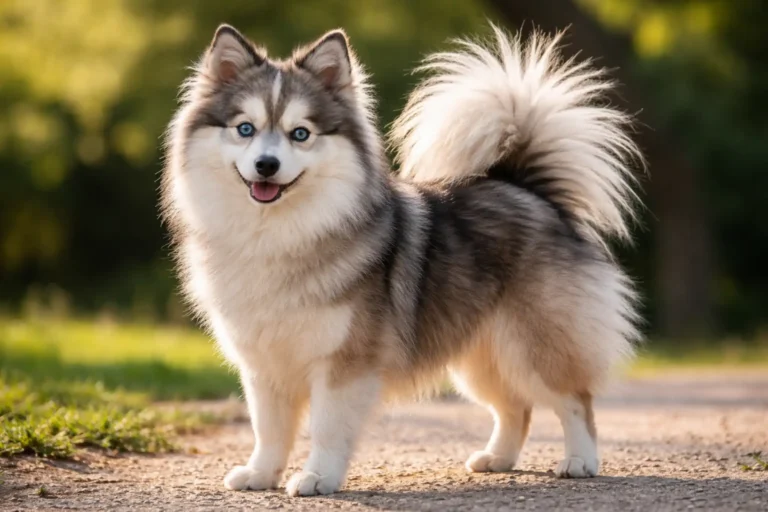 Pomsky adulte debout en extérieur avec pelage épais gris et blanc, yeux bleus et queue en plume relevée