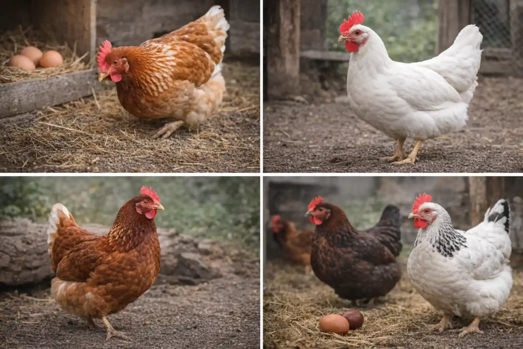 poule pondeuse réaliste en basse-cour avec plusieurs races reconnues pour la ponte, comme ISA Brown, Leghorn, Rhode Island et Sussex