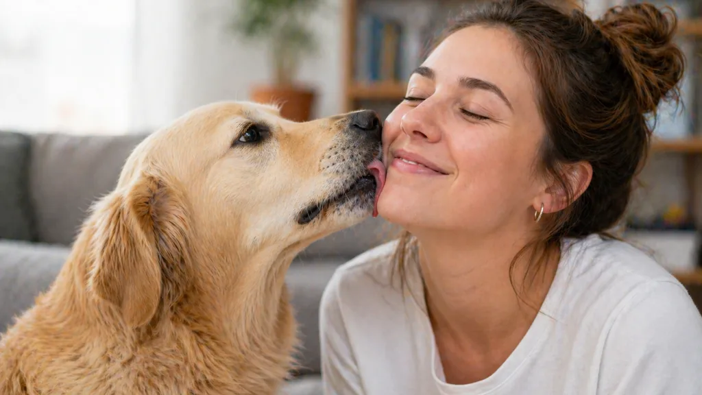 chien qui lèche le visage de sa maîtresse dans un salon pour illustrer le comportement affectueux du léchage