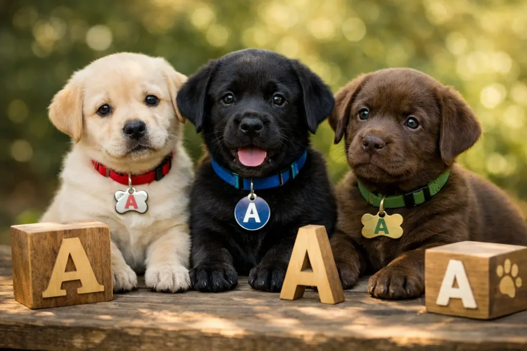 Chiots assis côte à côte dans un décor lumineux, image réaliste illustrant des idées de prénoms de chien en A pour 2025