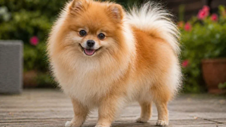 spitz nain poméranien orange debout sur une terrasse avec pelage fluffy et regard vif