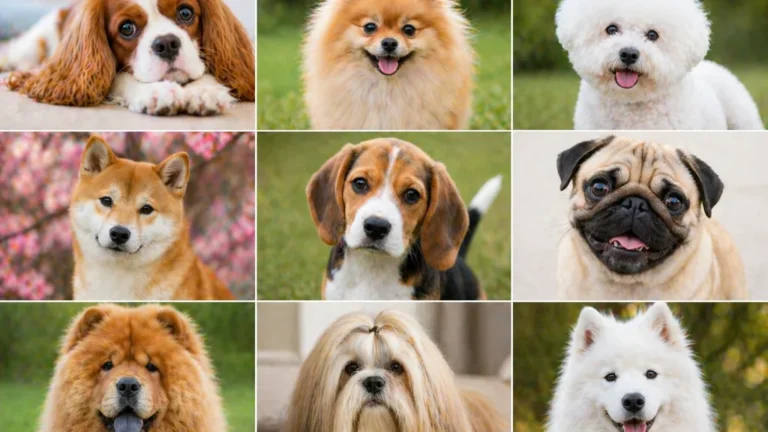 montage réaliste de plusieurs races de chiens mignons avec cavalier king charles spitz nain bichon shiba inu et beagle