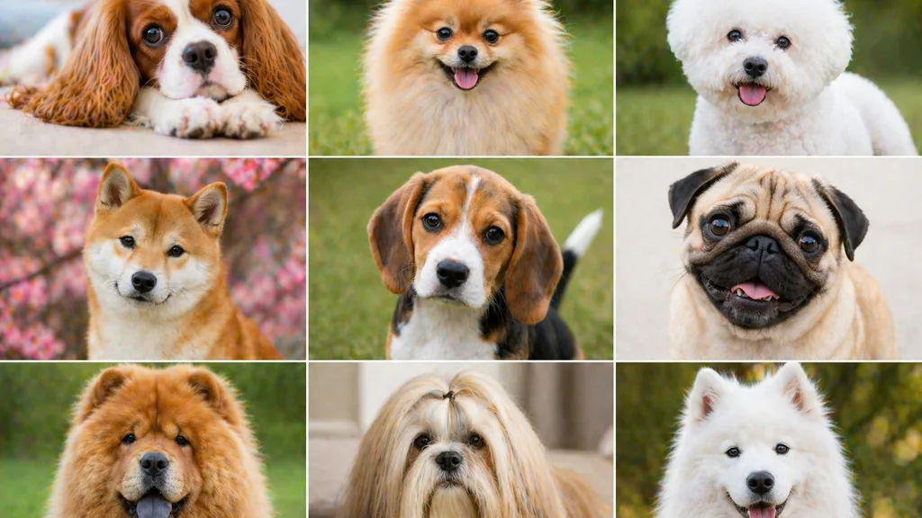 montage réaliste de plusieurs races de chiens mignons avec cavalier king charles spitz nain bichon shiba inu et beagle